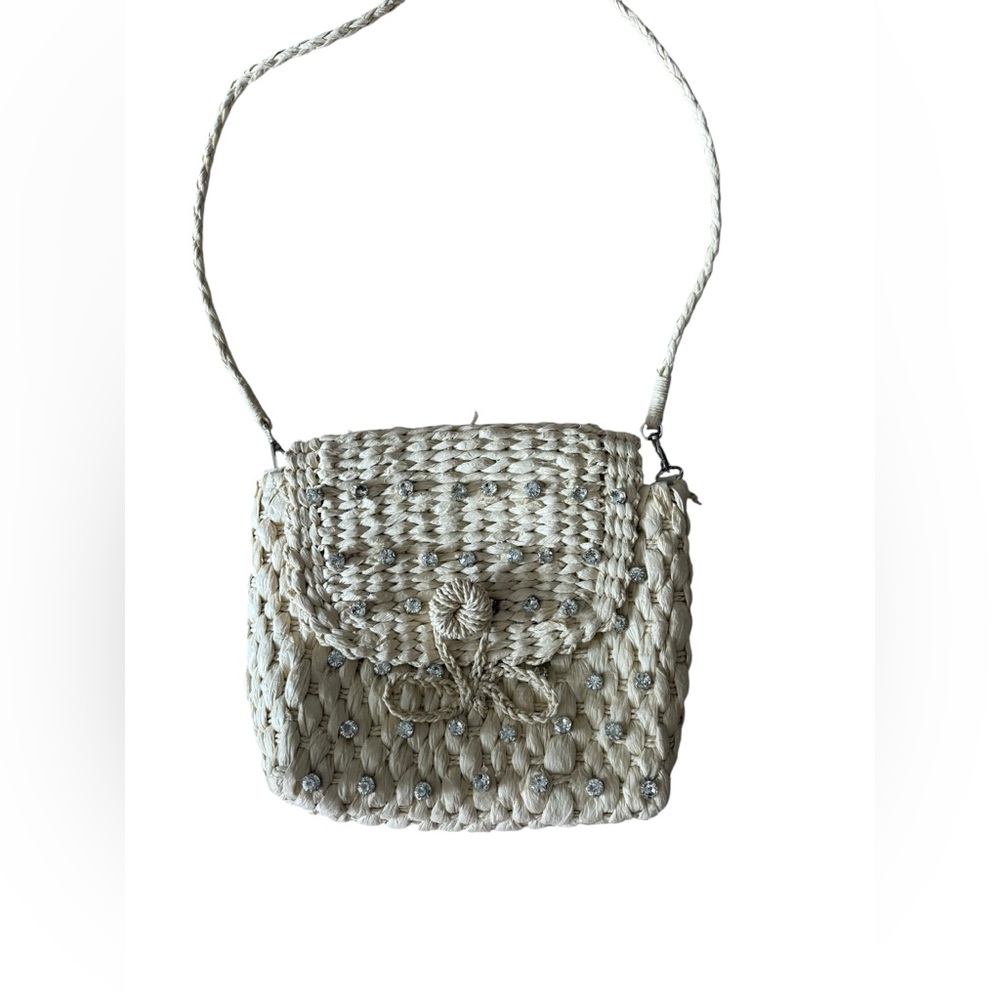 Anthropologie Embellished Straw Woven Crossbody Bag in Cream & Silver Studs - Picture 3 of 6